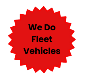 A red starburst with a text We do fleet vehicles